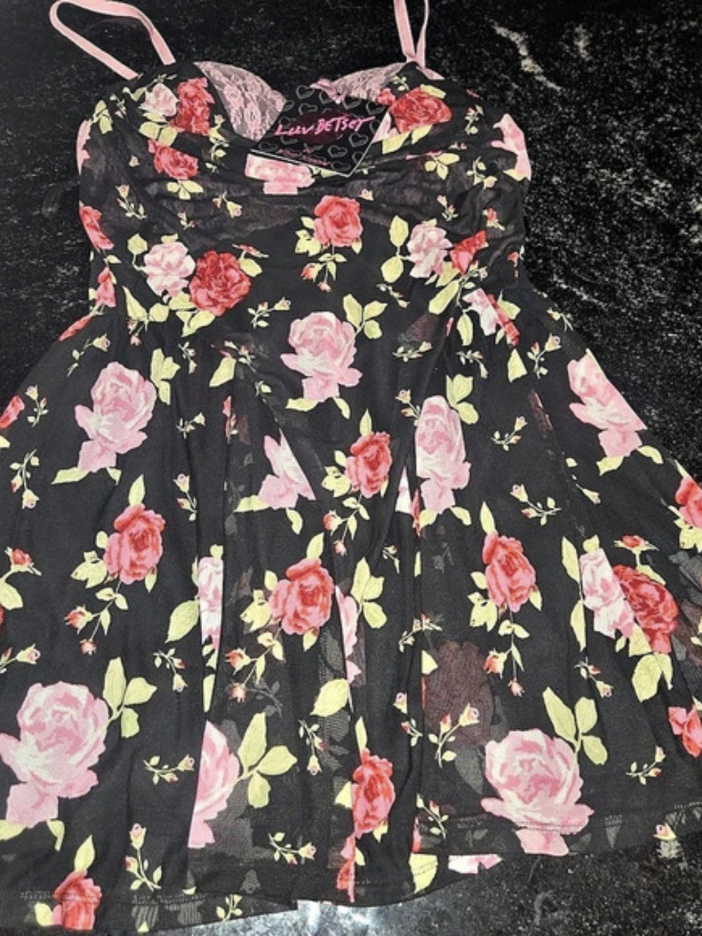 Betsey Johnson Floral Lace Mini Dress in Black & Pink Size Medium